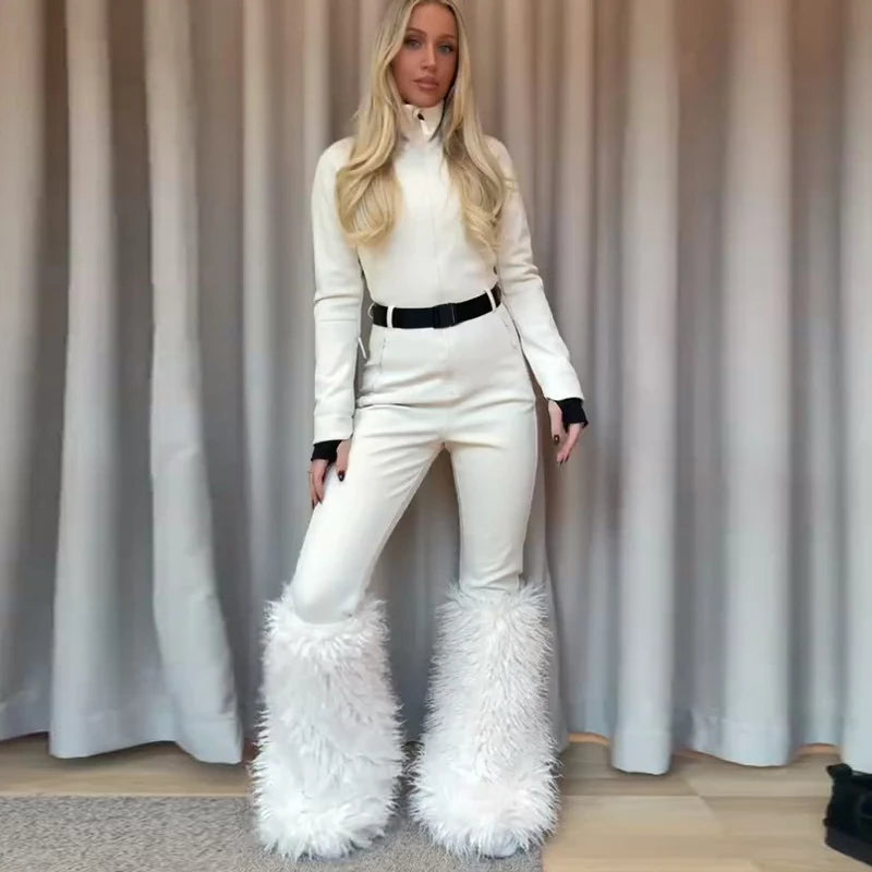 Women's Jumpsuit Loose Stand Collar Thicken Jackets Pants Sets Belt 2 Pieces Female Winter Woman Snowsuit Outfits For Outdoor