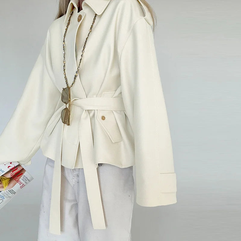 Elegant Belted Vintage Style With Stand Collar Coat for Women