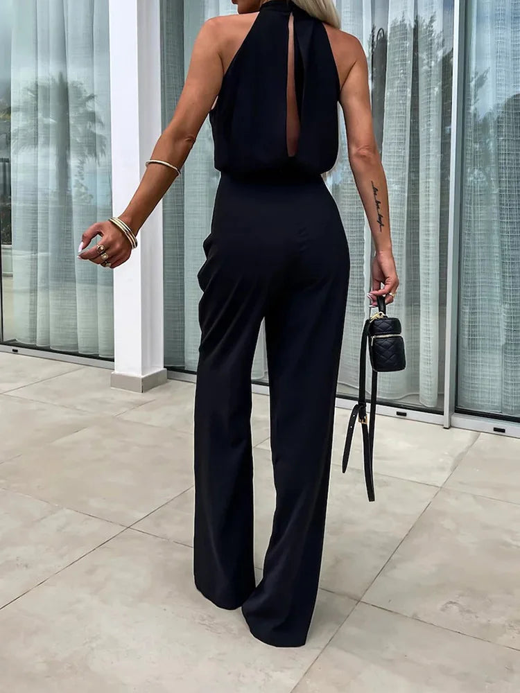 New Sleeveless Wide Leg Pants Playsuits, Women Summer Half High Collar Elegant Jumpsuits, Solid Patchwork Simple Ladies Bodysuit