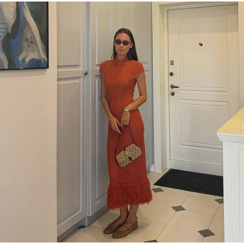 Sequin Knit Short Sleeve Tassel Midi Party Dress for Women