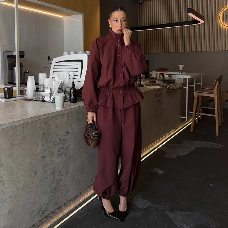 Ruffle Hem Jacket and Jogger Pants Two Piece Set for Women