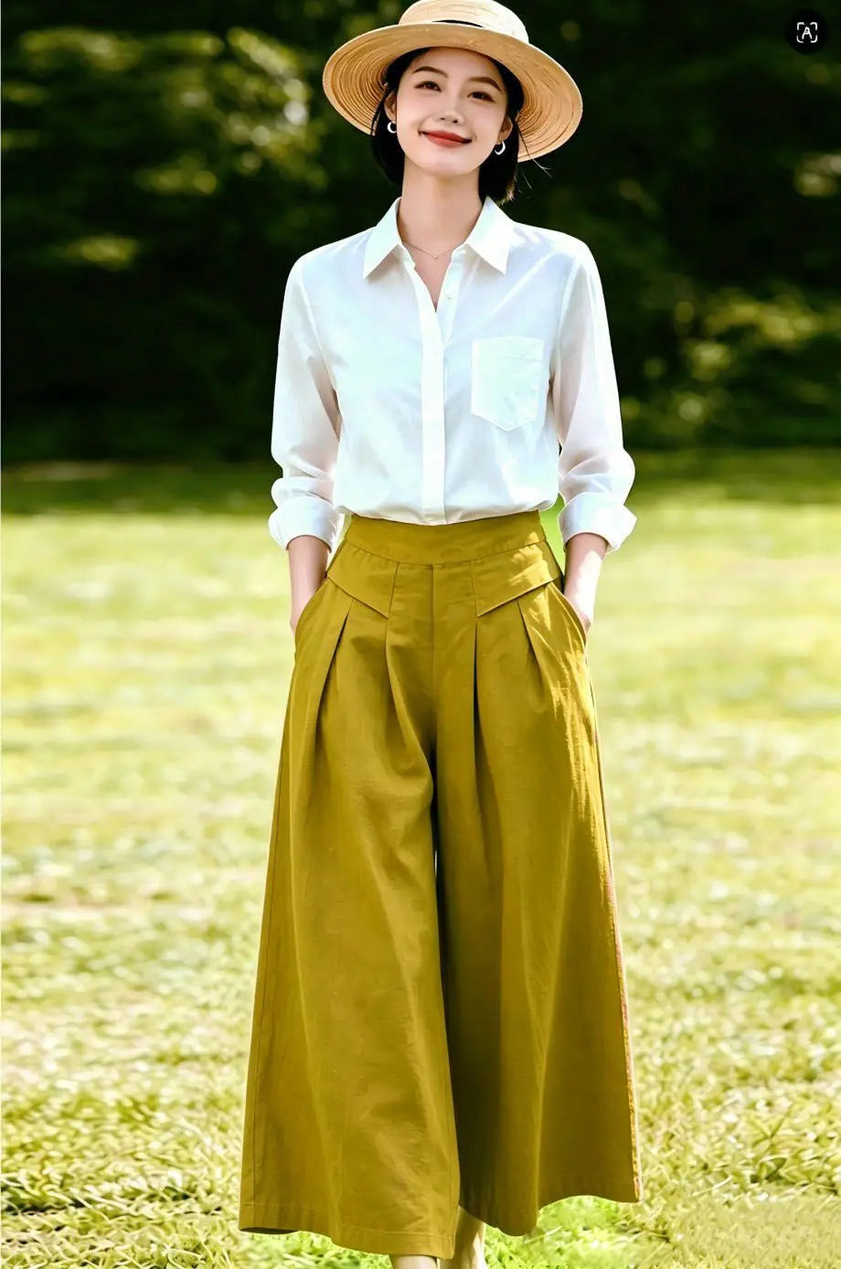 High-Waisted Cotton Linen Wide-Leg Culottes for Women