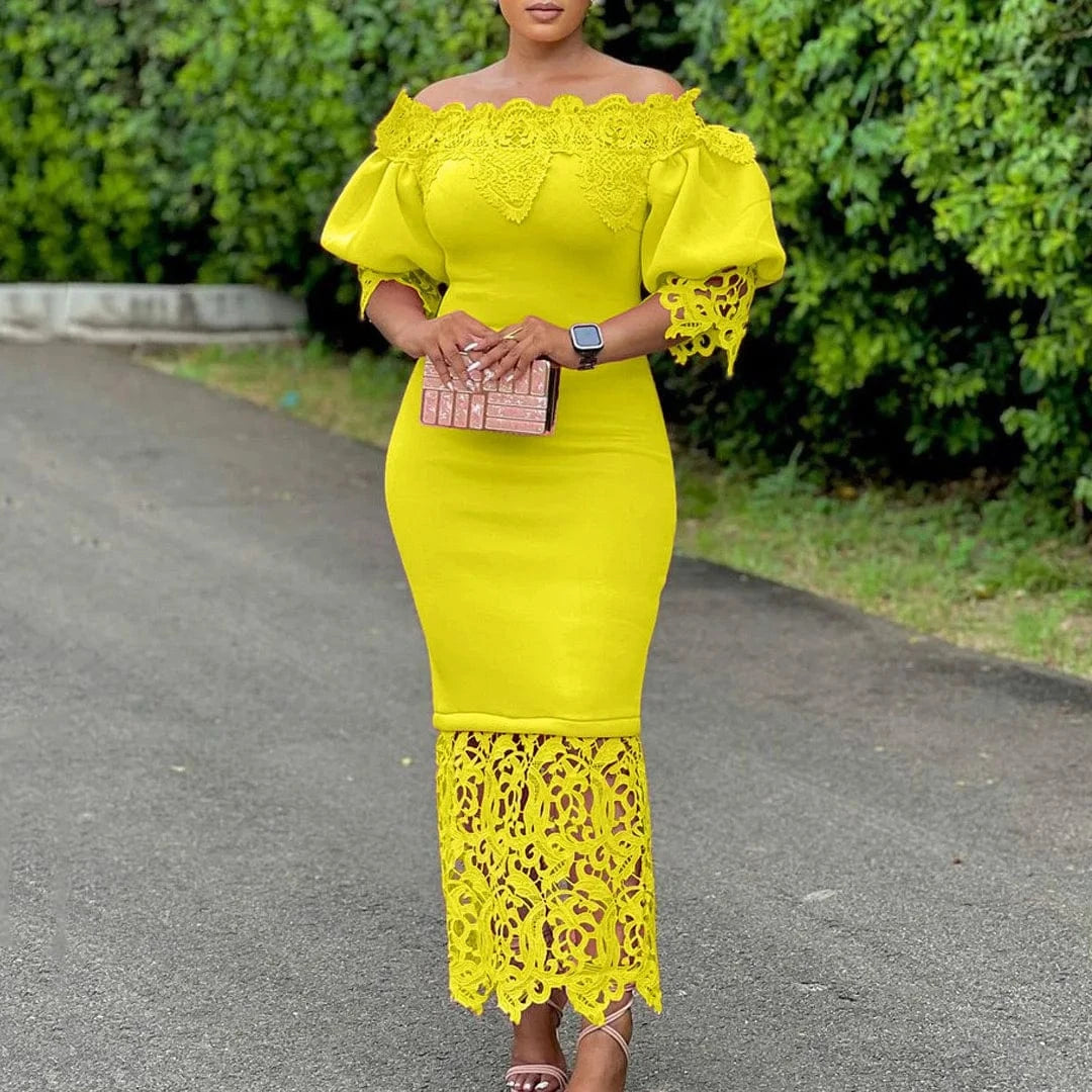 Elegant Dresses for Woman Off the Shoulder Lantern Sleeve Lace Patchwork Sheath Package Hips Ankle Length Luxury Birthday Dress