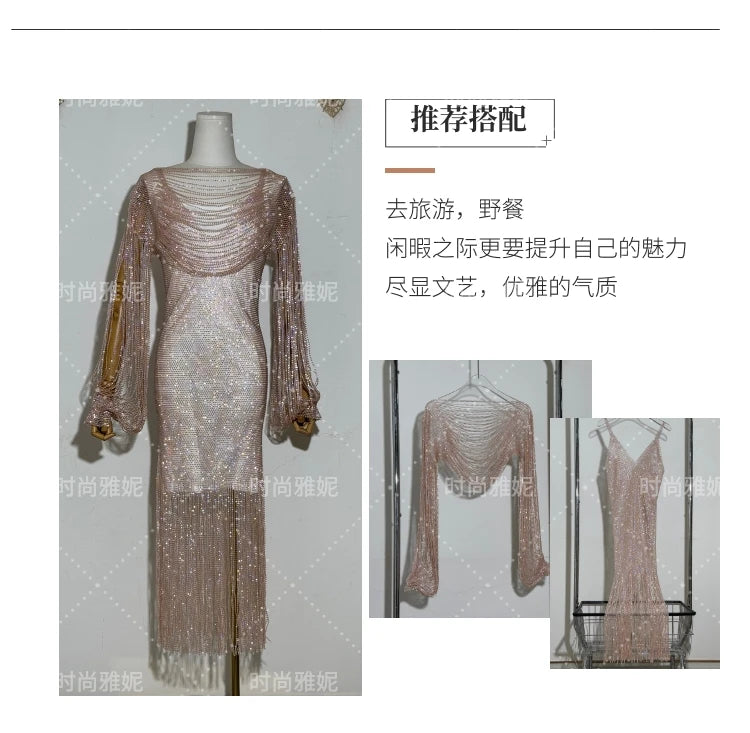 Fashion Heavy Diamond Shawl Bust Long Sleeve Top Sexy Girl Evening Dress V-Neck Slim Hip Wrap Tassel Suspender Dress 2-piece Set
