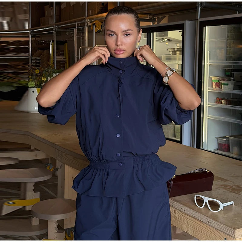 Ruffle Hem Jacket and Jogger Pants Two Piece Set for Women