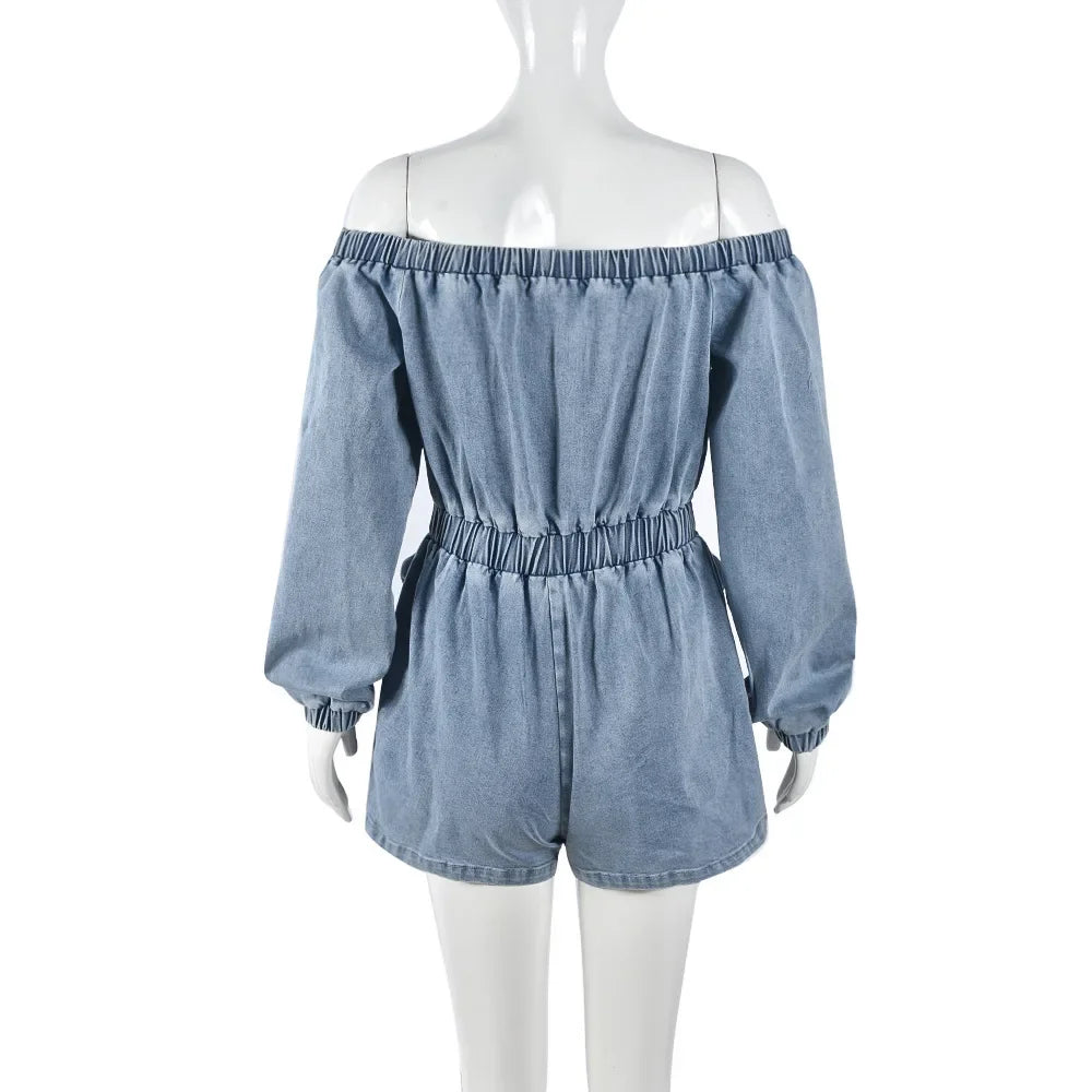 Denim Jumpsuit Womens Clothing Pocket Sexy  Chest Hugging Elastic Waist Long Sleeves Conjoined Body Shorts for Female Streetwear