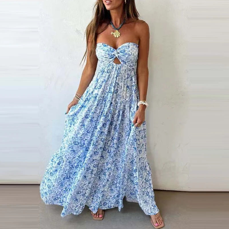 Off Shoulder Pleated Bohemian Maxi Dress for Women