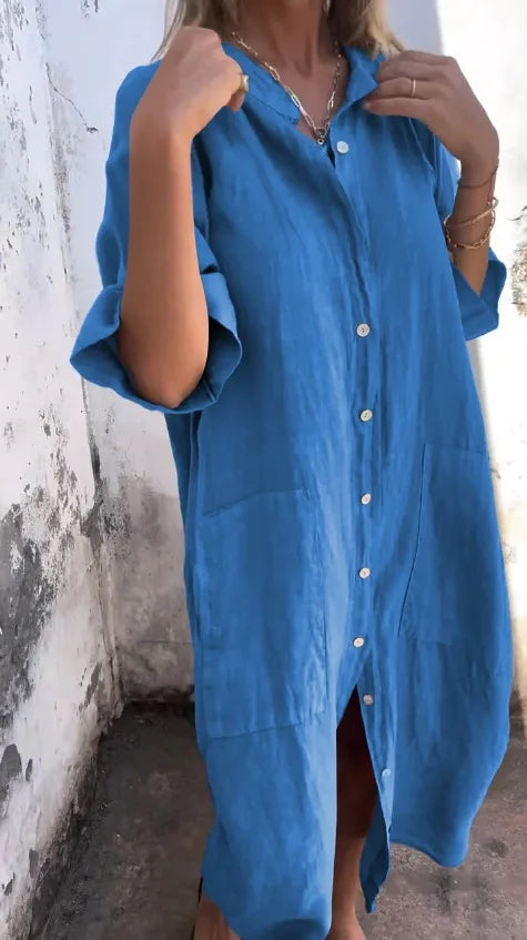 Loose Mid Calf Single Breasted Shirt Dress With Pockets For Women
