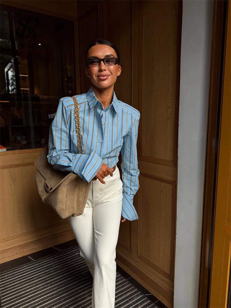 French Retro Striped Button Up Long Sleeve Blouse for Women