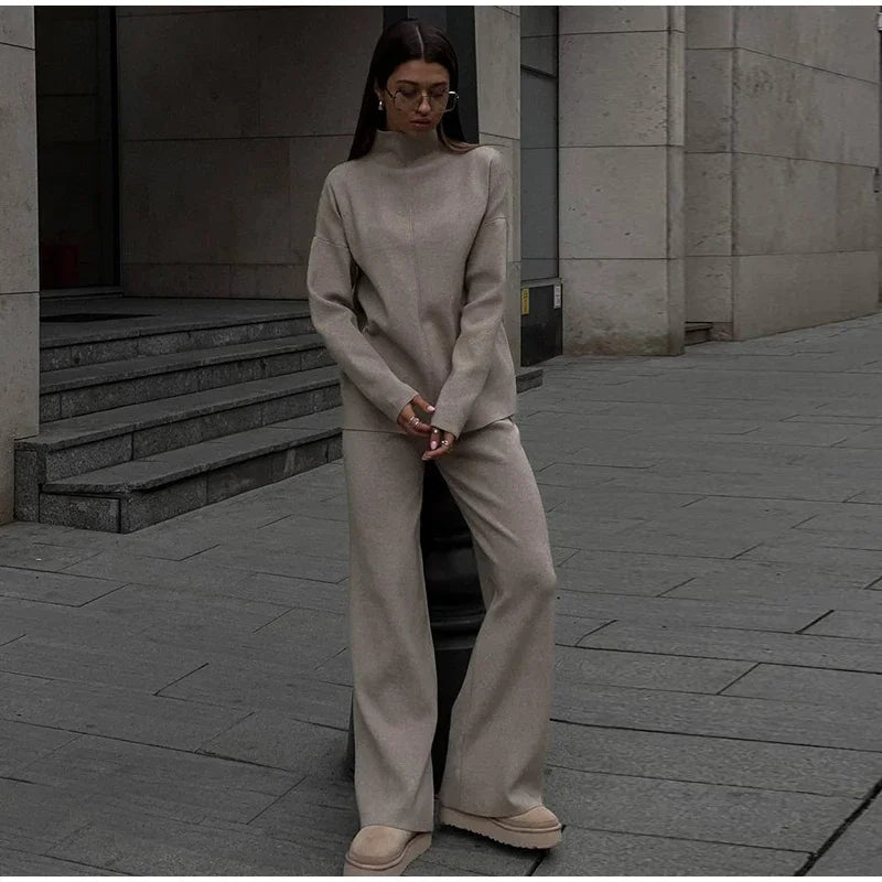Solid Turtleneck Sweatshirt Set With Wide Leg Pants for Women