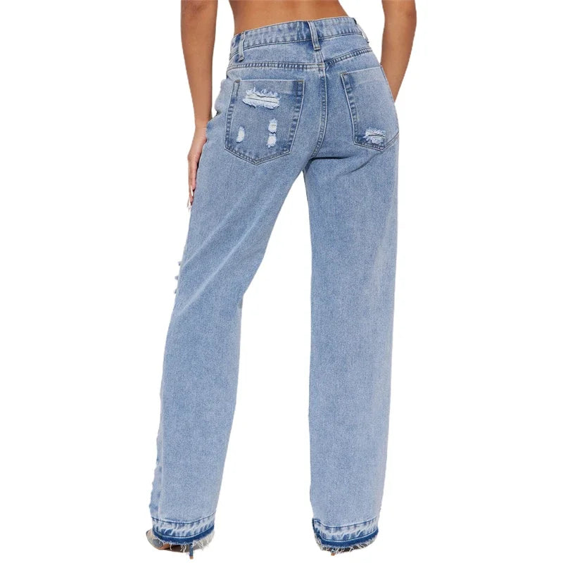 High Waist Ripped Straight Leg Summer Jeans for Women