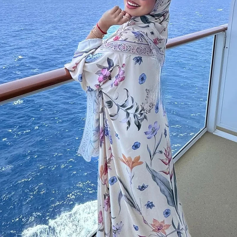 Elegant High Street Swing Vacation Jackets 2025 New Women's V Neck Autumn Coat Floral Print Long Sleeved Loose Muslim Cardigan
