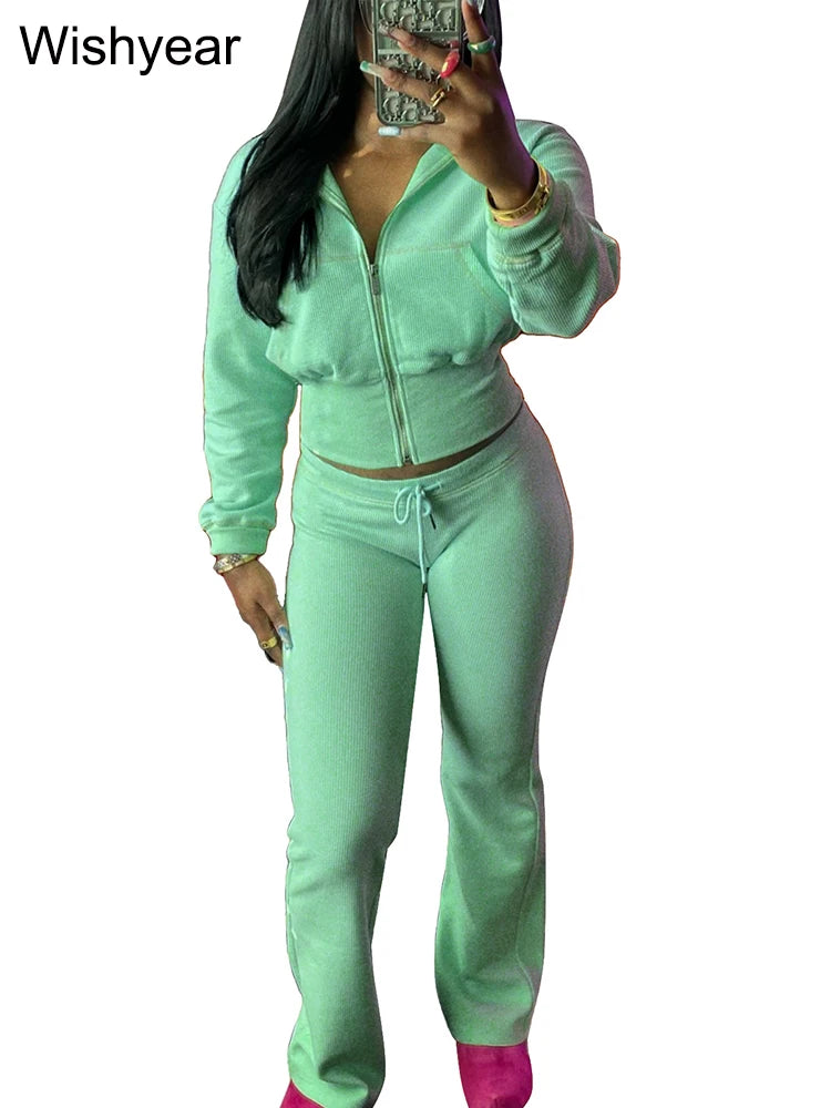 Waffle Knit Two Piece Flared Pants Tracksuit Set for Women