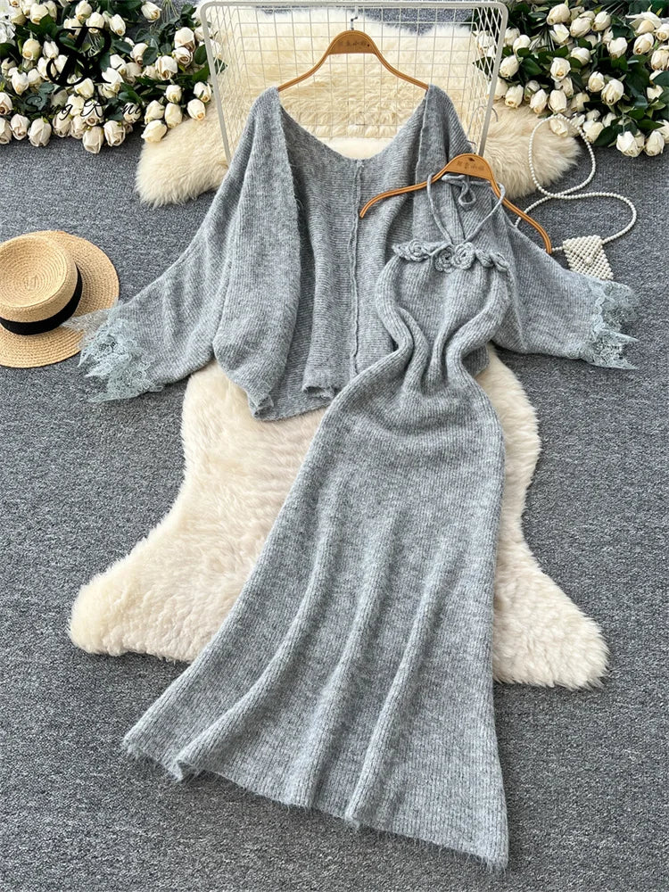 Lace Trim Knit Cardigan and Floral Halter Dress Set for Women