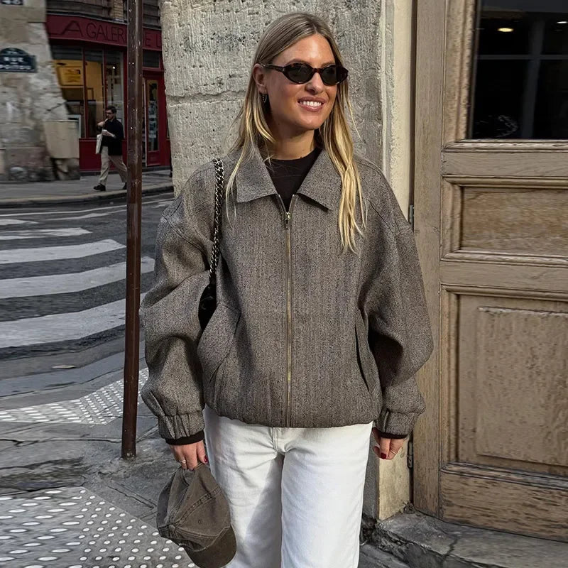 Zipper Front Lapel Jacket And Shorts Set + For Women