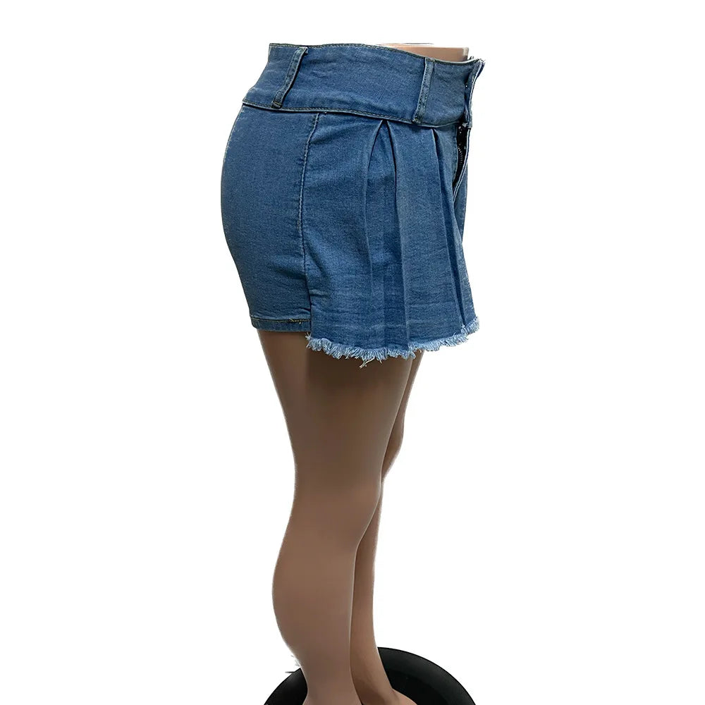 FAGADOER Y2k Denim Shorts Women Pleated Skirt Shorts Summer Stretchy Casual Shorts Retro 90s Fashion Streetwear Short Pants