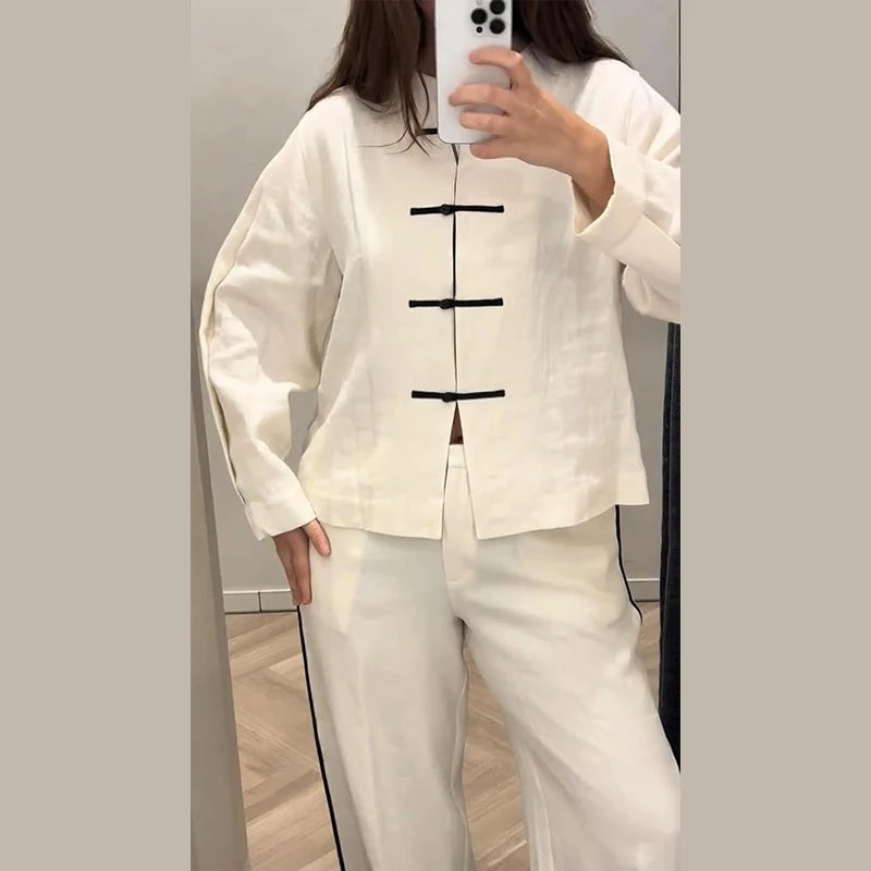 Casual Cotton Coat And Wide Leg Trouser Set for Women
