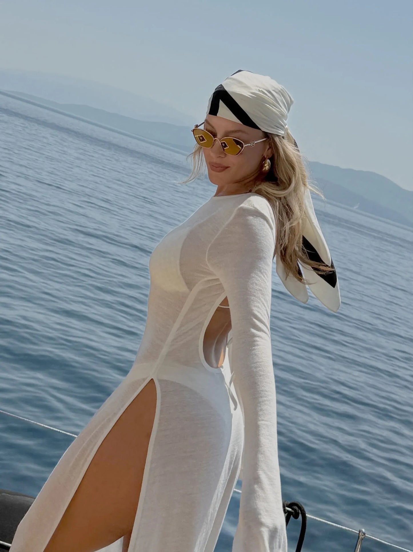 Women's White Knit See-through Swimwear Cover-up 2025 Summer Fall Clothes Sexy Backless Long Sleeve Split Beach Maxi Dress C82