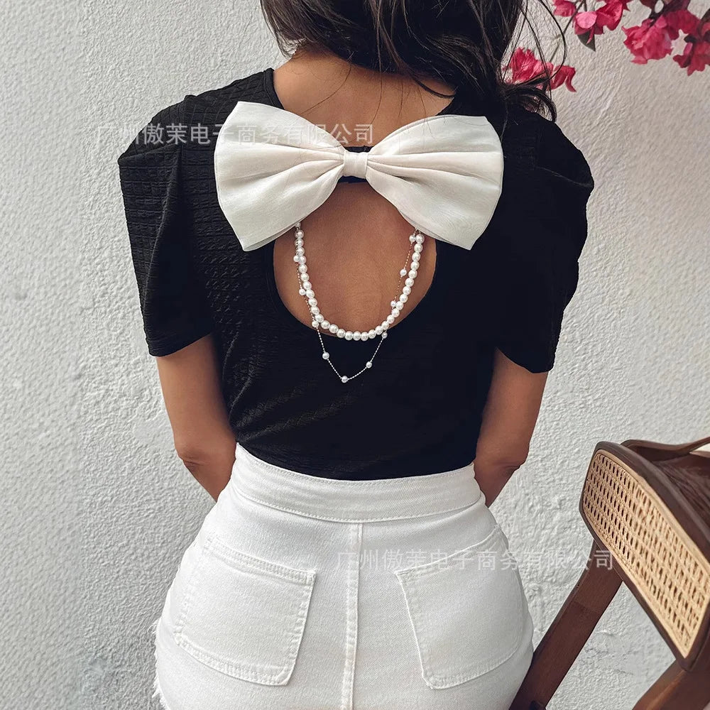 Effortless Bowknot Pearl Strap Knit Casual Tee for Women