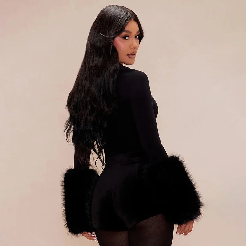 Long Sleeve Fur Patchwork Bodysuit and Shorts Set for Women