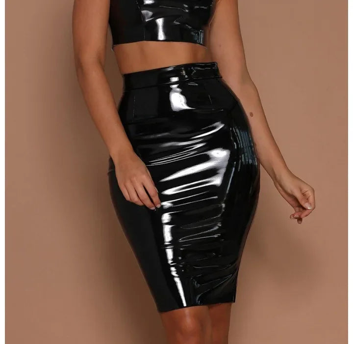 Pu Leather Covered Hip Skirt Women Summer 2025 New Fashionable Temperament Bright Face Waist Cinched Half Dress Y2k Streetwear