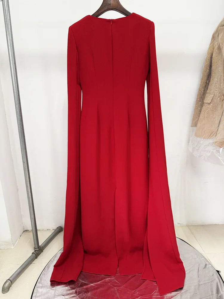 HIGH STREET Newest 2026 Designer Vestido Women's Diamonds Beaded  Cape Sleeve Floor Length Maxi Long Dress