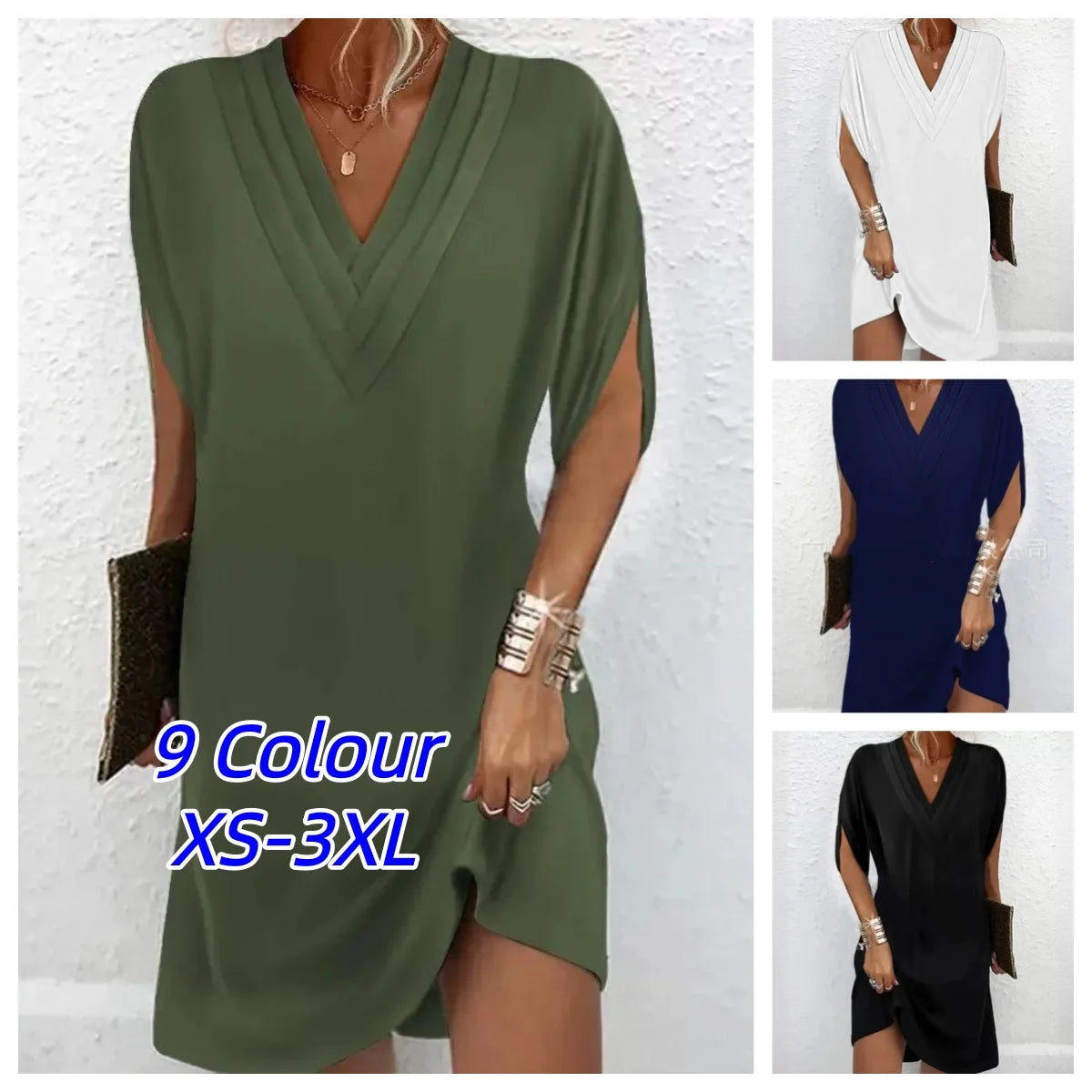Solid Color Draped V Neck Batwing Pullover Dress for Women
