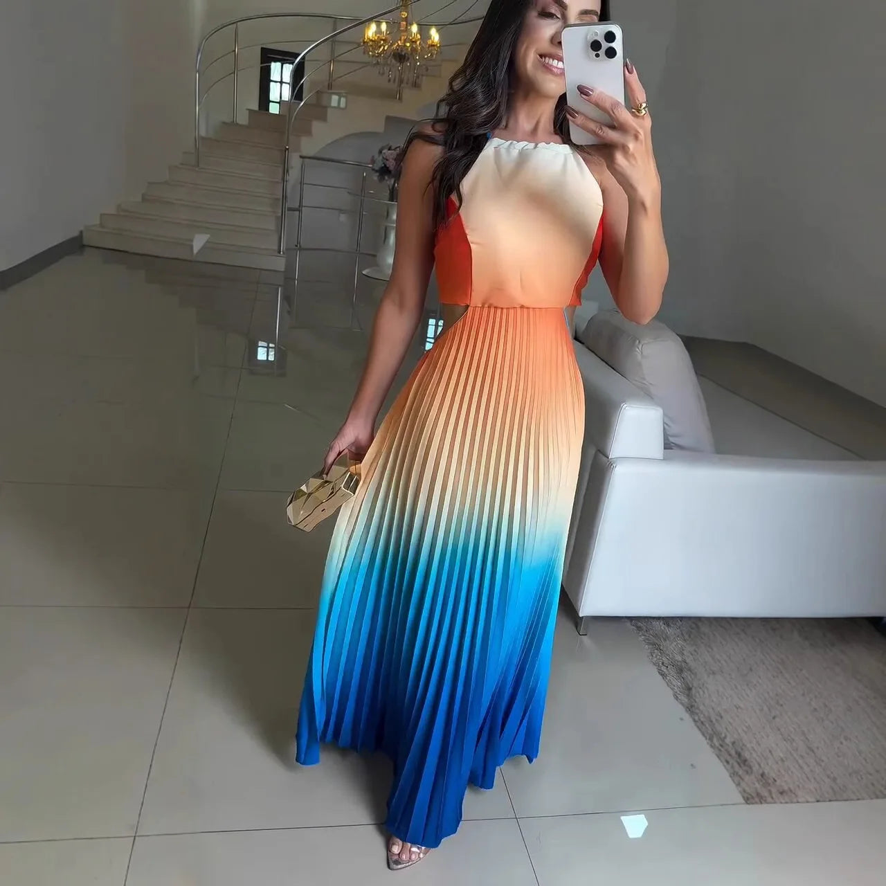 Spring Gradient Print Pleated Dresses Woman 2025 New Halter Tie-up Backless Long Dress Summer Sleeveless Hollow Party Dress