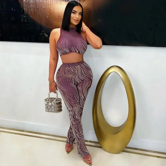 Mesh See Through Sexy Club Outfits for Woman 2 Piece Set Night Party Sleeveless Vest Crop Top and Leggings New in Matching Sets