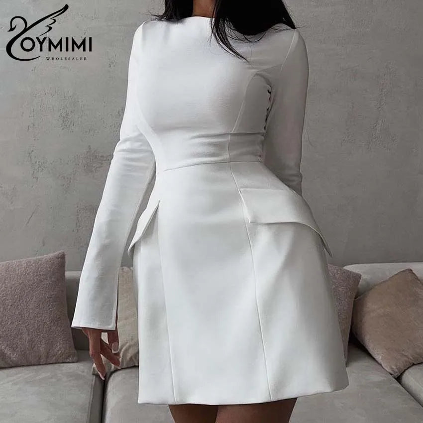 Oymimi Casual White O-Neck Dresses For Women Elegant Long Sleeve Slim Pockets Dresses Autumn Straight Mini Dress Female Clothing