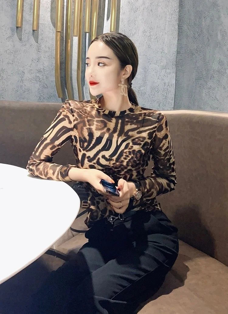 Top Female Mesh Leopard Print Women's Long Sleeve T-shirt Mature Spring Autumn Sexy Korean Reviews Many Clothes Japanese Vintage