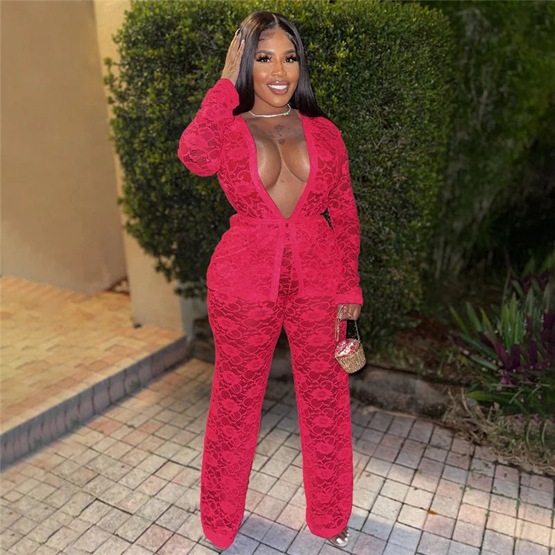 Sexy Lace Sheer Open Stitch Two Piece Set for Women