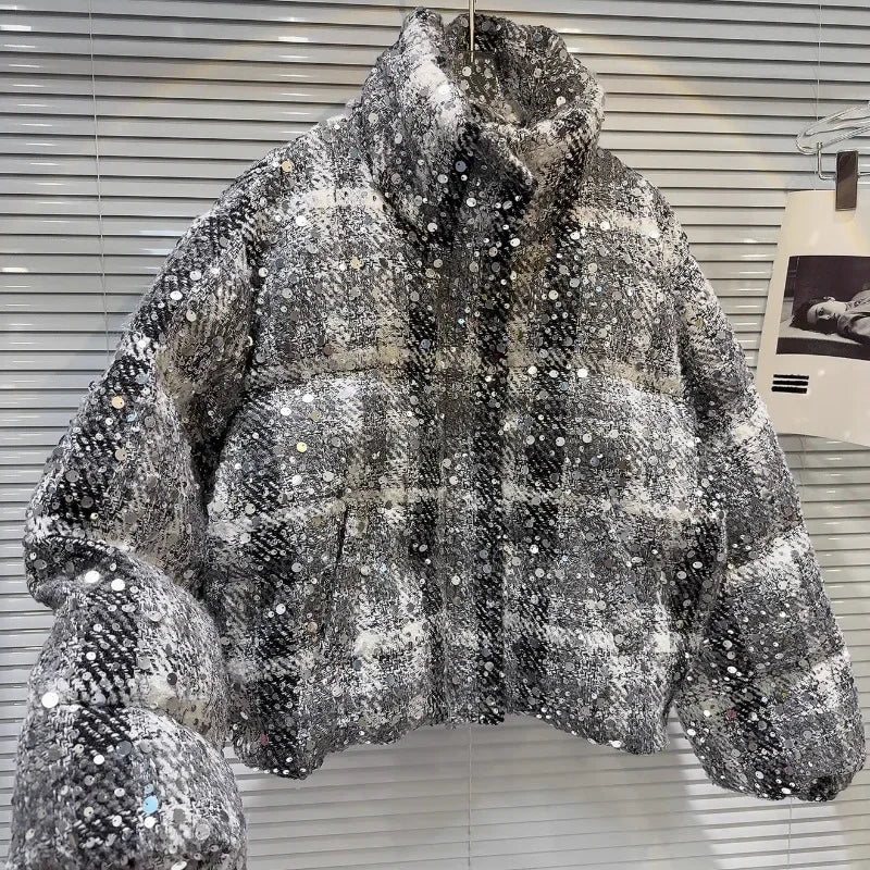 Autumn Winter New Unique Design Parkas Top Sequined Tweed Heavy Industry Soft Girls Warm Bread Jacket Down Coat Women's Clothing