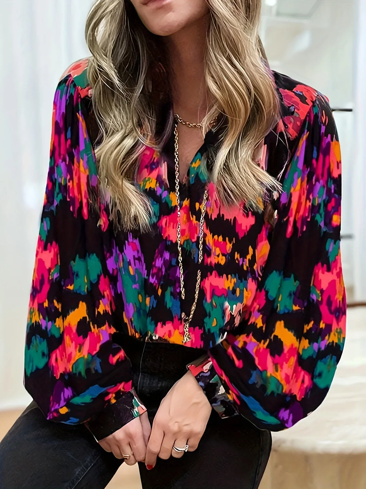 Soft Flowy Printed Tie Dye Puff Sleeve Blouse for Women