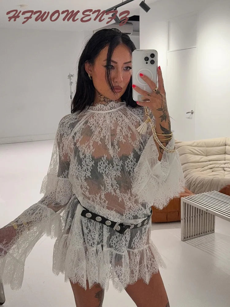 Lace See Through High Neck Long Sleeves A Line Mini Dress for Women