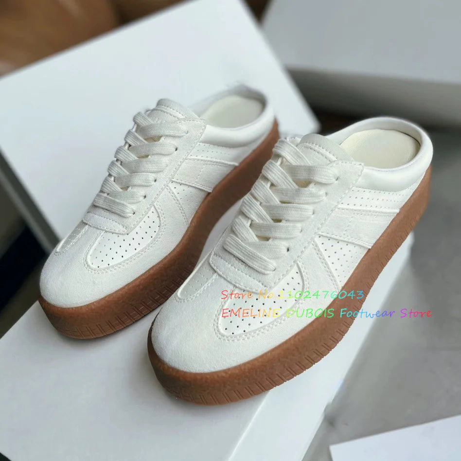 2025 New Sponge Cake Thick Bottom Genuine Leather One Step Stepping Slippers Height Increase Outdoor Big Head Lazy Shoes