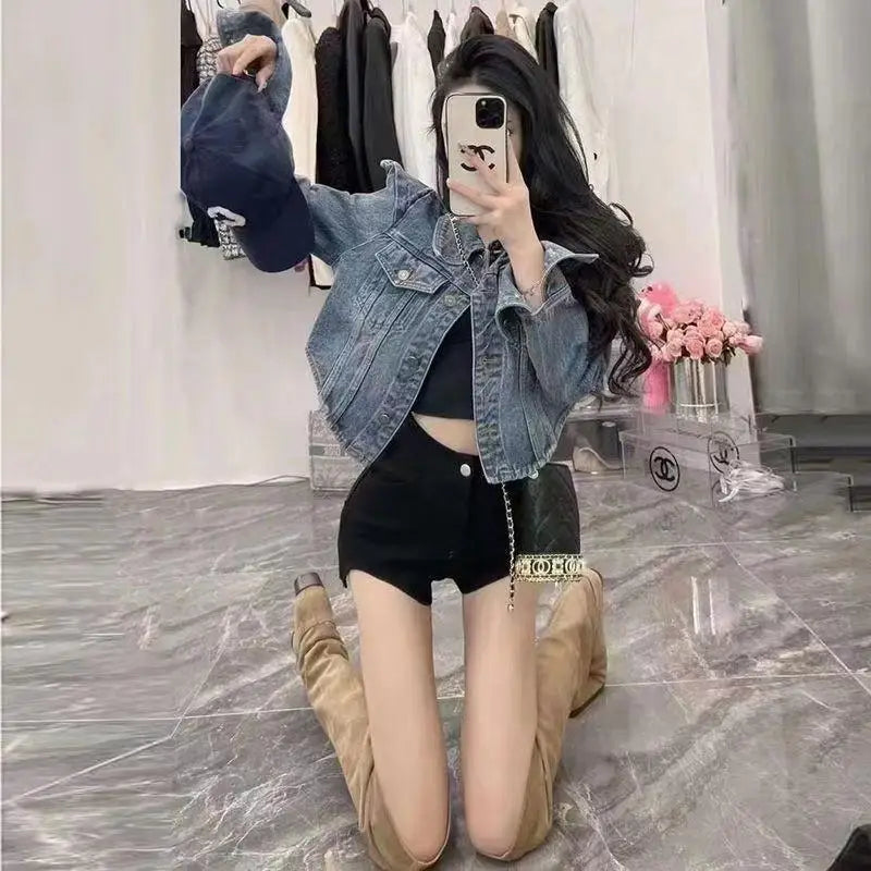 Vintage Inspired Turn Down Collar Cropped Denim Jacket for Women