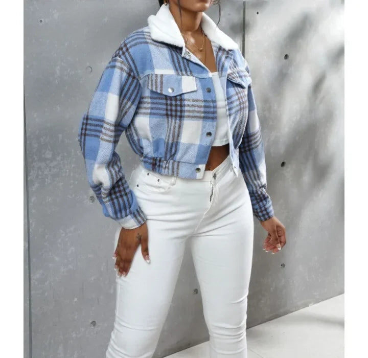 Elegant Women Jacket 2024 Autumn and Winter New Fashionable and Versatile Checkered Long Sleeved Short Top Coats Streetwear