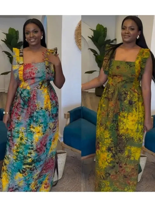 African Dresses For Women 2025 New African Clothes Dashiki Spaghetti Strap Ankara Bazin Traditional Robe Africa Long Dress
