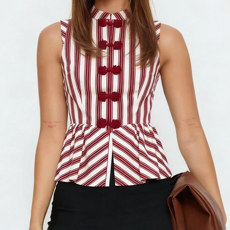 Striped Mandarin Collar Peplum With Button Front Top for Women