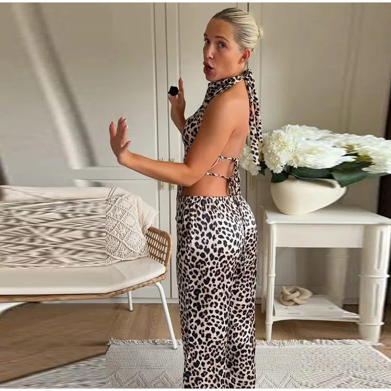 Leopard Print Halter Neck Top And High Waist Flare Pants Set For Women