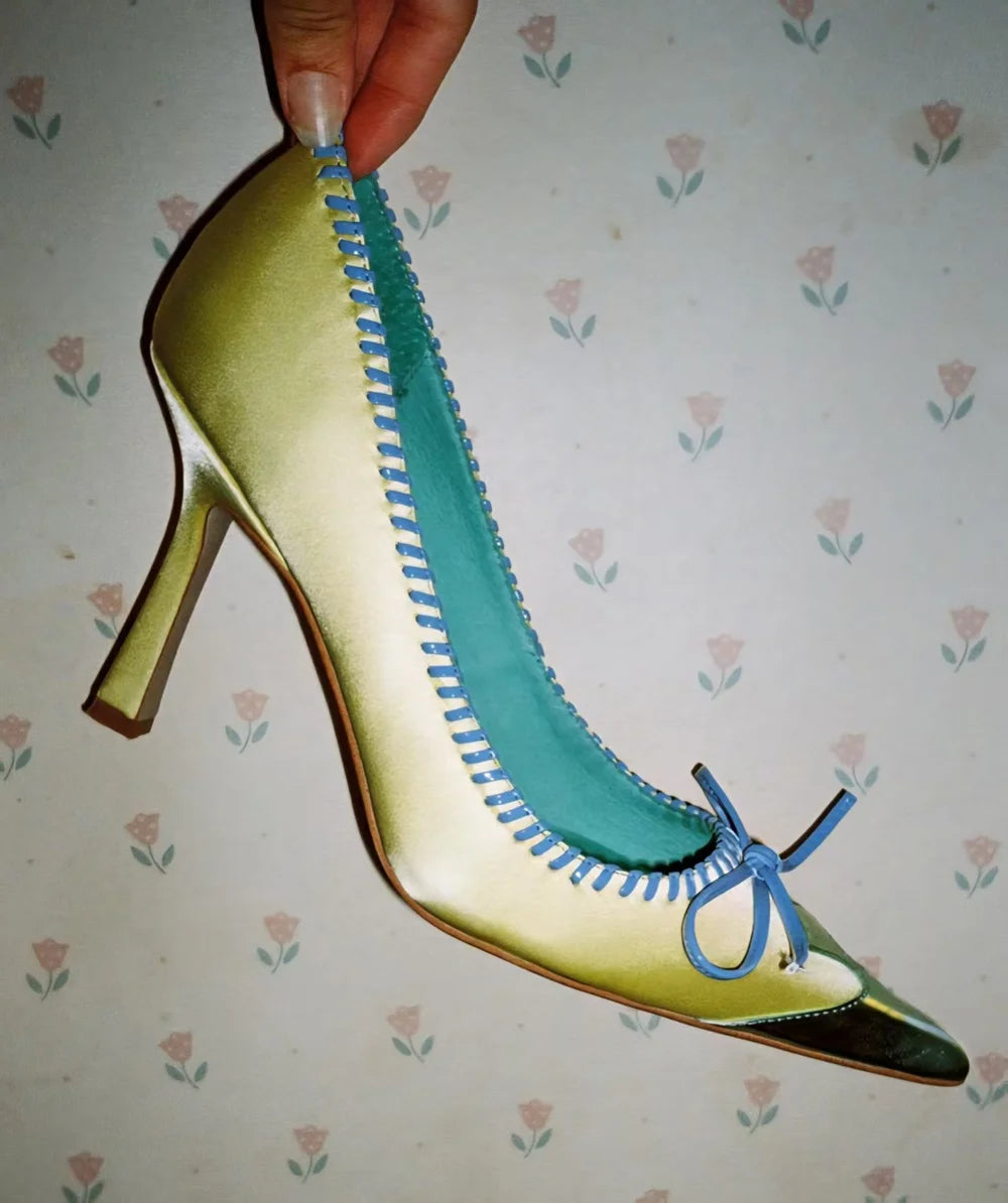 Mint Green Satin Bow Accent Pointed-Toe Pumps for Women