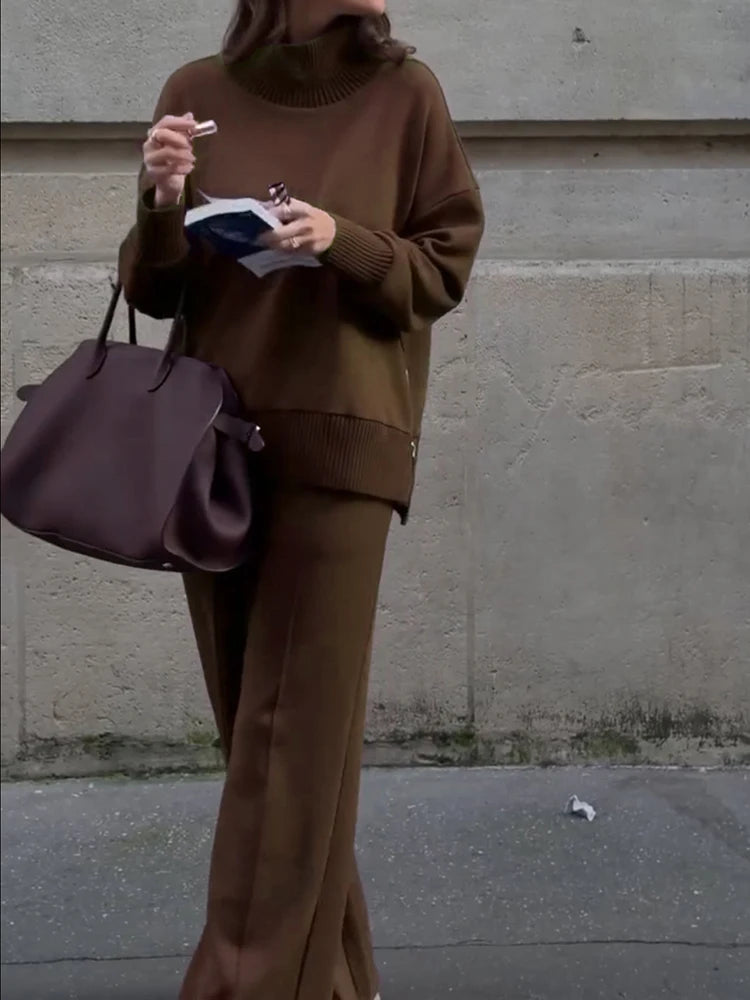 Half High Collar Pullover and Wide Leg Pants Set for Women