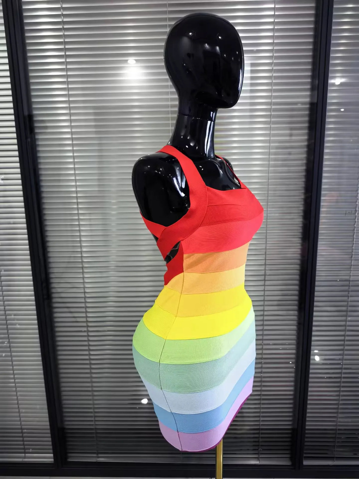 Rainbow Color Women Sexy Halter Backless Bodycon Mini Bandage Dress Nightclub Party Celebrate Fashion Birthday Clothing