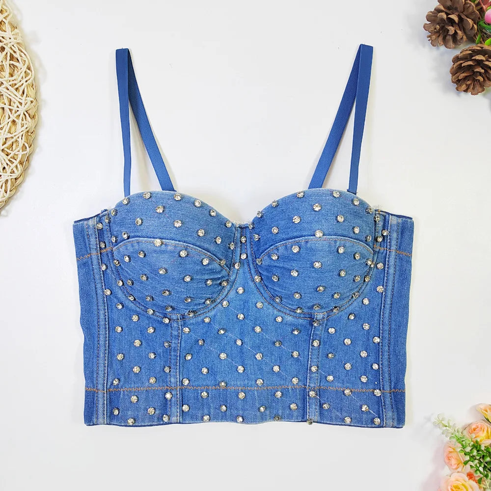 Denim Rhinestone Beaded Spaghetti Strap Bustier for Women