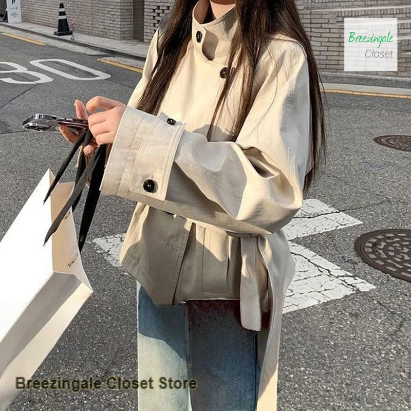 Solid Color Short Stand Collar Windbreaker Coat For Women