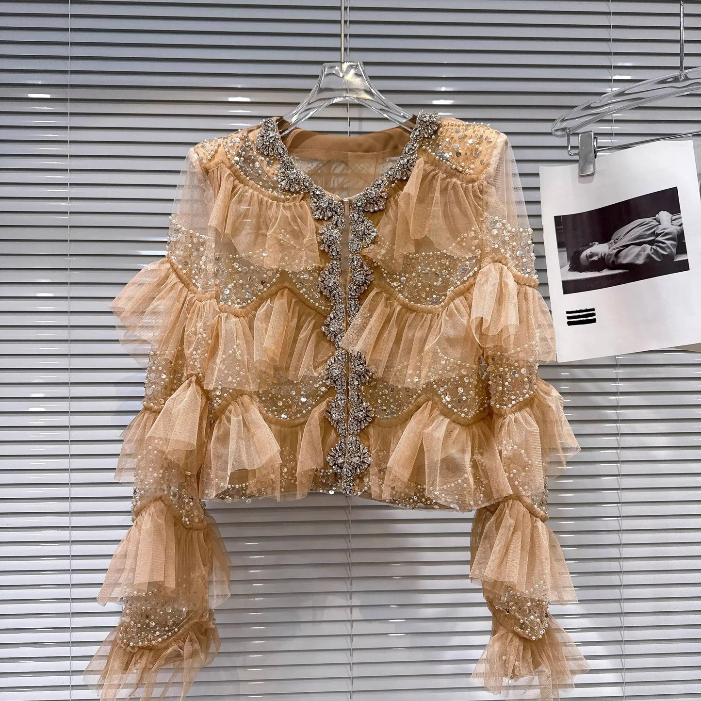 Open Front Rhinestone Beaded Sequined Mesh Coat For Women