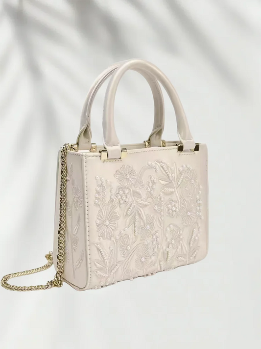 High Texture Fashion Floral Embroidery Tote Bag for Women Elegant Artificial Pearl Decoration Chain Shoulder Messenger Bag Purse