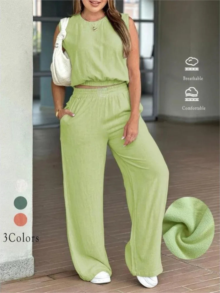 Casual Summer Sleeveless Wide-Leg Two-Piece Set for Women