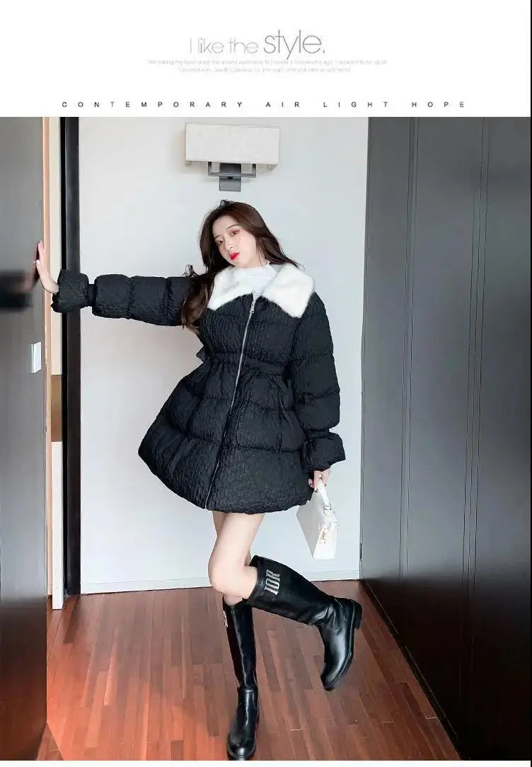 Women Cotton Padded Jacket Coat Female Winter Student Clothing Big Fur Collar Fashionable Medium To Long Parkas